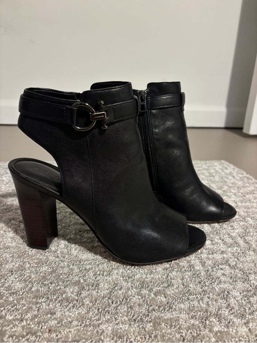 Coach Black Leather Peep-Toe Block Heel Ankle Booties